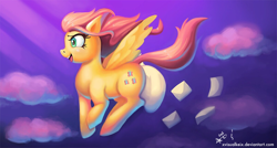 Size: 1200x643 | Tagged: safe, artist:mrscurlystyles, artist:xvisualkeix, fluttershy, pegasus, pony, cloud, cloudy, flying, mail, solo