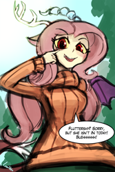 Size: 750x1125 | Tagged: safe, artist:lumineko, discord, fluttershy, human, 30 minute art challenge, akanbe, character to character, clothes, dialogue, disguise, fangs, humanized, looking at you, open mouth, solo, speech bubble, sweater, sweatershy, transformation, x was discord all along