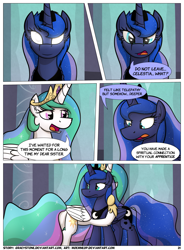 Size: 1400x1900 | Tagged: safe, artist:moemneop, princess celestia, princess luna, alicorn, pony, comic:shifting changelings lies and truths, comic, glowing eyes, hug, royal sisters