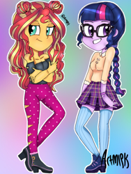 Size: 768x1024 | Tagged: safe, alternate version, artist:artmlpk, sci-twi, sunset shimmer, twilight sparkle, equestria girls, alternate design, alternate hairstyle, blushing, boots, braid, clothes, crossed arms, curly hair, cute, design, digital art, duo, female, hair bun, ripped pants, shimmerbetes, shoes, smiling, smirk, smugset shimmer, socks, trendy style, twiabetes