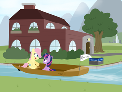 Size: 500x375 | Tagged: safe, artist:dtcx97, derpibooru import, fluttershy, twilight sparkle, pegasus, pony, alternate cutie mark, boat, filly, open mouth, river, sitting, smiling, the ponyville diaries, water, younger