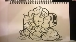 Size: 2592x1456 | Tagged: safe, artist:latecustomer, pinkie pie, earth pony, pony, monochrome, party cannon, solo, streamers, traditional art, underhoof