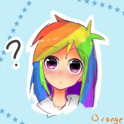 Size: 500x500 | Tagged: safe, artist:wuorange, derpibooru import, rainbow dash, human, anime, anime eyes, blue background, bust, cute, dashabetes, female, head only, humanized, looking at you, pixiv, portrait, question mark, simple background, solo, stars