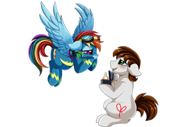 Size: 1024x745 | Tagged: safe, artist:pridark, derpibooru import, rainbow dash, oc, oc:dreamer, pegasus, pony, canon x oc, clothes, crying, engagement ring, goggles, marriage proposal, new hairstyle, rainmer, shipping, simple background, tears of joy, transparent background, uniform, wonderbolts uniform