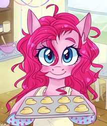 Size: 1700x2000 | Tagged: safe, artist:silbersternenlicht, pinkie pie, earth pony, pony, alternate hairstyle, apron, blushing, clothes, cookie, cute, female, happy, heart, looking at you, mare, open mouth, oven mitts, smiling, solo