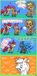 Size: 3508x7087 | Tagged: safe, artist:dinodraketakethecake, apple bloom, applejack, scootaloo, changeling, earth pony, pony, changeling feeding, comic, female, heart, kissing, lesbian, male, scootabloom, shipping, straight, wat