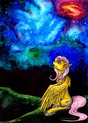 Size: 1462x2048 | Tagged: safe, artist:stirren, fluttershy, pegasus, pony, stargazing, stars, traditional art