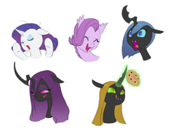 Size: 1208x950 | Tagged: safe, artist:carnifex, rarity, oc, oc:ambrosia, oc:lavender, oc:miasma, oc:myxine, changeling, changeling queen, dracony, hybrid, pony, unicorn, blue changeling, bust, changeling oc, changeling queen oc, cookie, crying, drool, female, floppy ears, food, interspecies offspring, magic, mare, next generation, offspring, parent:rarity, parent:spike, parents:sparity, portrait, purple changeling, sad, simple background, tongue out, white background, yellow changeling