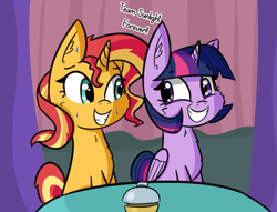 Size: 2505x1909 | Tagged: safe, artist:artiks, sunset shimmer, twilight sparkle, twilight sparkle (alicorn), alicorn, pony, unicorn, a trivial pursuit, female, lesbian, mare, shipping, smiling, sunsetsparkle, sweat, table