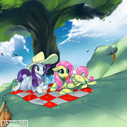 Size: 3000x3000 | Tagged: safe, artist:jazzumi, angel bunny, fluttershy, rarity, pegasus, pony, unicorn, carrot, magic, mouth hold, picnic, tea, teacup, teapot