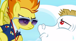 Size: 506x278 | Tagged: safe, derpibooru import, screencap, bulk biceps, spitfire, wonderbolts academy, roid rage, sunglasses