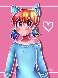 Size: 2120x2826 | Tagged: safe, artist:yumomochan, derpibooru import, rainbow dash, human, anime, blushing, clothes, cute, digital art, heart eyes, humanized, off shoulder, pigtails, pink background, simple background, solo, wingding eyes