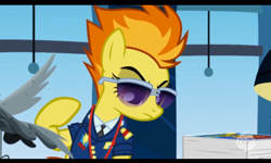 Size: 586x352 | Tagged: safe, derpibooru import, screencap, spitfire, wonderbolts academy, desk, lamp, office, raised eyebrow, spitfire's eyebrows, sunglasses, window