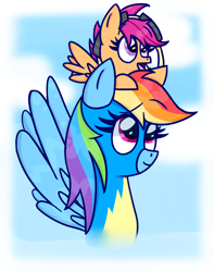 Size: 750x950 | Tagged: safe, artist:763lilypadpandaowl, derpibooru import, rainbow dash, scootaloo, pegasus, pony, clothes, cloud, cute, cutealoo, dashabetes, duo, female, filly, goggles, mare, open mouth, scootalove, sky, uniform, wonderbolts uniform