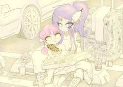 Size: 2530x1791 | Tagged: safe, artist:sigpi, rarity, sweetie belle, anthro, unicorn, boots, ear fluff, ear piercing, earring, electric piano, female, filly, horn piercing, jewelry, mare, no pupils, partial color, piercing, ponytail, sisters, tattoo