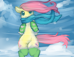 Size: 990x765 | Tagged: safe, artist:gokai-chibi, fluttershy, pegasus, pony, semi-anthro, bipedal, clothes, cute, female, gloves, mare, scarf, shyabetes, snow, socks, solo, standing, stockings, thigh highs, wind, windswept mane, winter