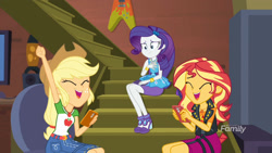 Size: 2048x1152 | Tagged: safe, screencap, applejack, rarity, sunset shimmer, better together, choose your own ending, costume conundrum, equestria girls, female, geode of empathy, geode of shielding, geode of super strength, iphone, magical geodes, sunset's apartment