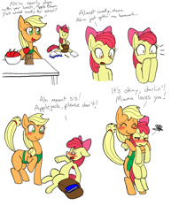 Size: 1148x1485 | Tagged: safe, artist:redanon, apple bloom, applejack, earth pony, pony, apple, apple bloom is not amused, apron, blushing, clothes, comic, deep mothering, dialogue, embarrassed, eyes closed, feels, female, filly, food, freudian slip, hatless, hug, lunch, mare, missing accessory, mommajack, mother, smiling, tears of joy, unamused