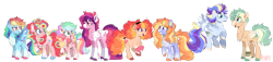 Size: 1280x294 | Tagged: safe, artist:wanderingpegasus, derpibooru import, pinkie pie, rainbow dash, oc, oc:candy floss, oc:lavender parley, oc:pop rocks, oc:shark bait, oc:sunny side up, oc:thunder skies, earth pony, pegasus, pony, alternate design, alternate hairstyle, colored wings, cute, family, female, half-siblings, lesbian, line-up, magical lesbian spawn, multicolored wings, offspring, parent:pinkie pie, parent:rainbow dash, parent:soarin', parents:pinkiedash, parents:soarindash, pinkiedash, rainbow wings, shipping, wings