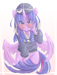 Size: 600x792 | Tagged: safe, artist:mow, derpibooru import, twilight sparkle, twilight sparkle (alicorn), alicorn, anthro, testing testing 1-2-3, ambiguous facial structure, ancient wonderbolts uniform, bottomless, clothes, commander easy glider, pixiv, solo