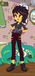 Size: 312x672 | Tagged: safe, screencap, sunset shimmer, vampire, better together, choose your own ending, costume conundrum, costume conundrum: sunset shimmer, equestria girls, belt, boots, bulk biceps' home, clothes, cropped, eyeliner, eyes closed, eyeshadow, fangs, female, gloves, jacket, jeans, laughing, leather jacket, makeup, pants, shoes, vampire shimmer, wooyoo