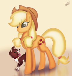 Size: 1236x1300 | Tagged: safe, artist:vipeydashie, applejack, winona, dog, earth pony, pony, blonde mane, brown coat, duo, female, mare, orange coat