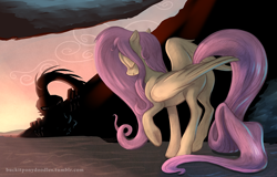 Size: 1200x769 | Tagged: safe, artist:1trick, artist:buckitponydoodles, fluttershy, pegasus, pony, cave, featureless crotch, monster