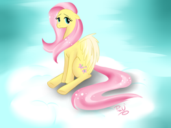 Size: 1024x768 | Tagged: safe, artist:x-piiu, fluttershy, pegasus, pony, cloud, cloudy, cute, looking at you, solo