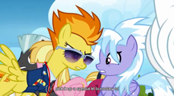 Size: 639x355 | Tagged: safe, derpibooru import, screencap, bulk biceps, cloudchaser, meadow flower, spitfire, thunderlane, pegasus, pony, wonderbolts academy, youtube caption