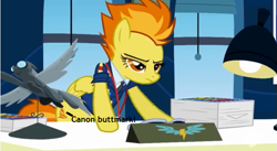 Size: 641x351 | Tagged: safe, derpibooru import, spitfire, wonderbolts academy, cutie mark, desk, office, spitfire's eyebrows, window