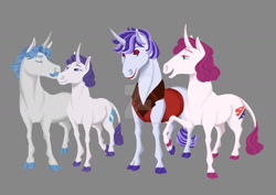 Size: 1600x1131 | Tagged: safe, artist:amaya-chans2, fancypants, rarity, oc, oc:little diva, oc:prince, classical unicorn, pony, unicorn, cloven hooves, family, female, gray background, leonine tail, male, offspring, parent:fancypants, parent:rarity, parents:raripants, raripants, shipping, simple background, straight