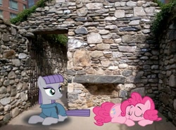 Size: 1053x776 | Tagged: safe, artist:90sigma, artist:ikillyou121, artist:thedoubledeuced, maud pie, pinkie pie, gate, happy, ireland, irish potato famine memorial, irl, photo, ponies in real life, prone, shadow, sisters, sleeping, vector