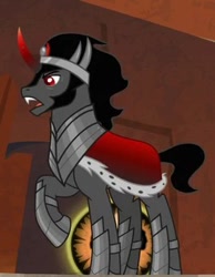 Size: 270x348 | Tagged: safe, derpibooru import, screencap, king sombra, pony, unicorn, the beginning of the end, armor, cape, clothes, cropped, crystal ball, grogar's orb, male, one hoof raised, open mouth, raised hoof, solo, stallion