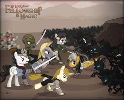 Size: 996x803 | Tagged: safe, artist:shadowdark3, daring do, octavia melody, changeling, earth pony, pony, bucking, elendil, elrond, fellowship is magic, fight, gil-galad, isildur, lord of the rings, sword, war