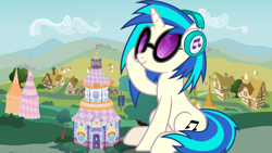 Size: 1280x720 | Tagged: safe, dj pon-3, rarity, starlight glimmer, twilight sparkle, vinyl scratch, pony, unicorn, carousel boutique, female, giant pony, giant unicorn, giant vinyl scratch/giant dj pon-3, giantess, glasses, macro, mare, mega giant