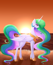 Size: 1960x2400 | Tagged: safe, artist:fluffymaiden, princess celestia, alicorn, pony, lidded eyes, ocean, sky, solo, sun, sunset, water