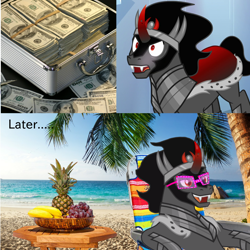 Size: 1500x1500 | Tagged: safe, derpibooru import, king sombra, pony, unicorn, banana, beach, food, grapes, money, ocean, palm tree, pineapple, solo, sunglasses, tree