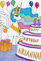 Size: 1178x1775 | Tagged: safe, artist:baikobits, artist:cskairi, princess celestia, alicorn, pony, balloon, birthday, birthday card, cake, food, happy birthday, looking at you, present, sketch, smiling, solo, spread wings, traditional art