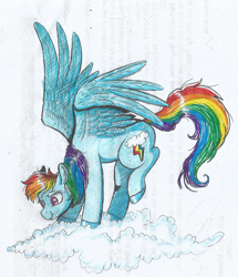 Size: 1091x1266 | Tagged: safe, artist:69beas, derpibooru import, rainbow dash, pegasus, pony, cloud, female, funny face, mare, rainbow hair, raised leg, simple background, solo, spread wings, traditional art, white background, wings