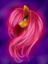 Size: 1288x1715 | Tagged: safe, artist:rick-wombat, fluttershy, pegasus, pony, bedroom eyes, bust, colored pupils, glow, neon, pretty, smiling, solo