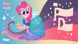 Size: 1920x1080 | Tagged: safe, artist:unnamed-doctor, pinkie pie, earth pony, pony, canterlot boutique, clothes, cupcake, dress, female, mare, outfit catalog, princess dress, solo