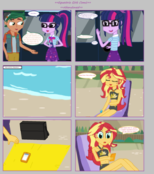 Size: 1808x2039 | Tagged: safe, artist:thomaszoey3000, sci-twi, sunset shimmer, timber spruce, twilight sparkle, comic:abandoned, better together, equestria girls, beach, cellphone, clothes, geode of empathy, geode of telekinesis, glasses, magical geodes, pants, phone, skirt, smartphone, swimsuit