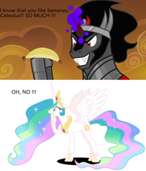 Size: 1600x1880 | Tagged: artist needed, safe, derpibooru import, edit, edited screencap, screencap, king sombra, princess celestia, alicorn, pony, unicorn, the beginning of the end, banana, bananalestia, food, vector