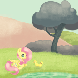 Size: 1024x1024 | Tagged: safe, artist:chiuuchiuu, fluttershy, pegasus, pony, duckling, lake, tree