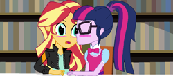 Size: 1600x706 | Tagged: safe, artist:thomaszoey3000, sci-twi, sunset shimmer, twilight sparkle, fanfic:rays of sunlight, equestria girls, blushing, bookshelf, bowtie, chair, clothes, eyes closed, fanfic, fanfic art, fanfic in the description, female, glasses, jacket, kiss on the cheek, kissing, leather jacket, lesbian, library, ponytail, scitwishimmer, shipping, sunsetsparkle, surprise kiss, surprised