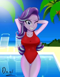 Size: 1609x2048 | Tagged: safe, artist:danielitamlp, starlight glimmer, equestria girls, adorasexy, baywatch, breasts, clothes, cute, female, looking at you, ocean, one eye closed, one-piece swimsuit, sand, sexy, signature, smiling, solo, starlight jiggler, summer, swimsuit, tree, underass, wink