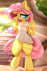 Size: 2000x3050 | Tagged: safe, artist:madacon, fluttershy, anthro, unguligrade anthro, bottomless, chest fluff, clothes, crepuscular rays, cute, featureless crotch, fluffy, looking at you, messy mane, raised leg, shirt, shyabetes, sleepy, smiling, solo, wink