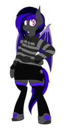 Size: 1500x3000 | Tagged: safe, artist:eclipsepenumbra, artist:eclipsethebat, oc, oc only, oc:moonshadow, bat pony, semi-anthro, clothes, hoodie, miniskirt, shoes, side slit, simple background, skirt, smiling, socks, thigh highs, transparent background