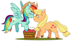 Size: 1175x680 | Tagged: safe, artist:chisanamichin, derpibooru import, applejack, rainbow dash, earth pony, pegasus, pony, accessory swap, apple, appledash, applejack's hat, basket, boop, cowboy hat, eyes closed, female, food, hat, lesbian, noseboop, nuzzling, shipping, simple background, transparent background