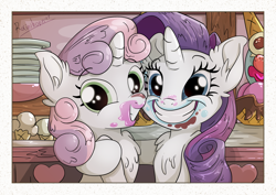 Size: 4961x3508 | Tagged: safe, artist:rainihorn, rarity, sweetie belle, pony, unicorn, forever filly, absurd resolution, chest fluff, food, ice cream, messy, scene interpretation, smiling